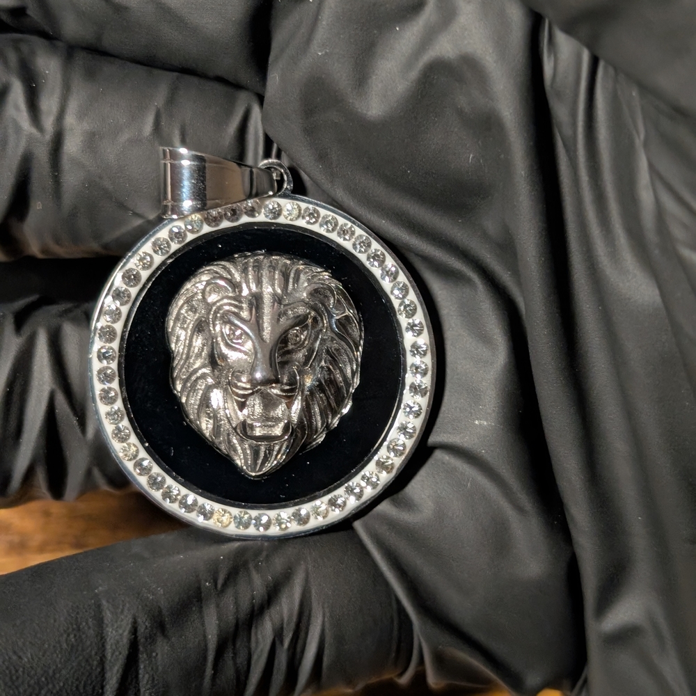 Silver Lion Pendant with Black and White Accents